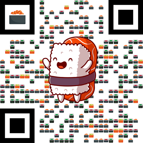 A custom QR code with sushi modules and a sushi mascot